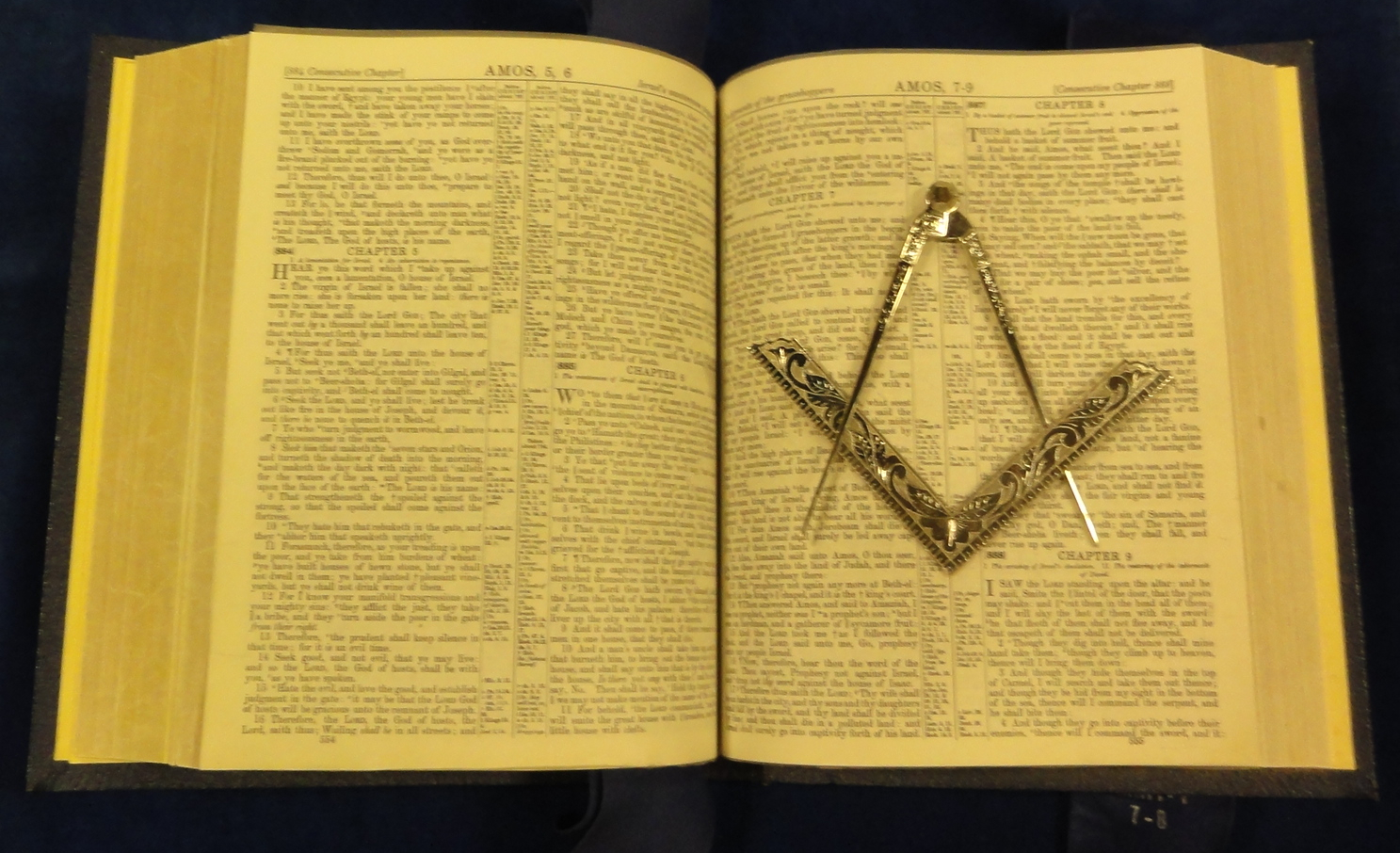 Holy Bible, Square, and Compass, arranged for the second degree in the Book of Amos.