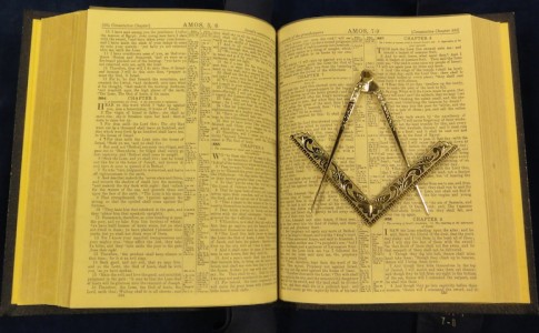 Holy Bible, Square, and Compass, arranged for the second degree in the Book of Amos.