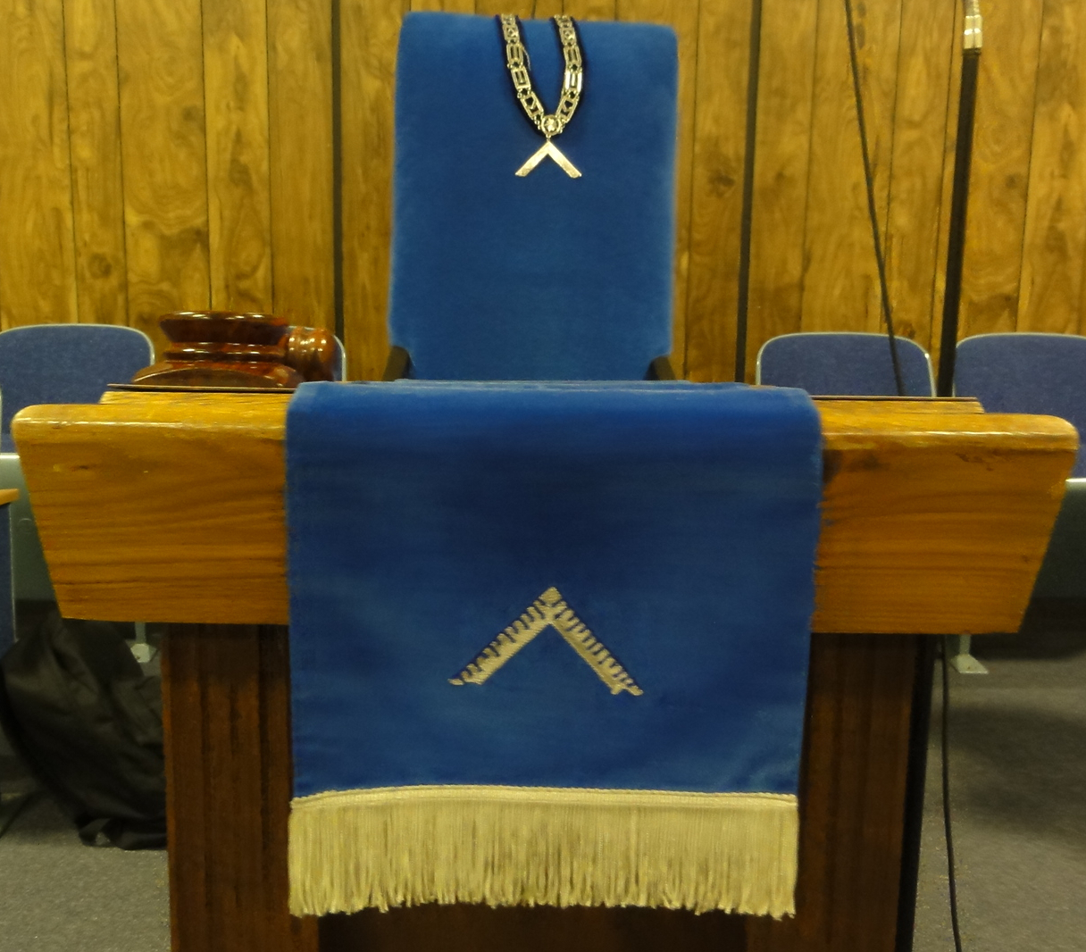 The Worshipful Master's Station in the East with Jewel, Apron, and Gavel.