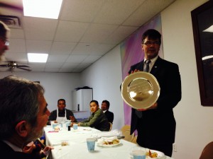 Worshipful Master of Mount Moriah #39, Keir Hales showing off the Memorial Plate, annually exchanged between Mount Moriah and Acacia Lodges.
