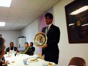 Worshipful Master of Mount Moriah #39, Keir Hales showing off the Memorial Plate, annually exchanged between Mount Moriah and Acacia Lodges.