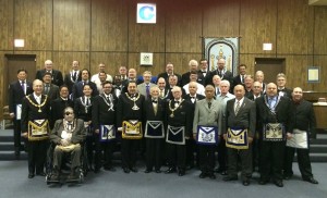 The MW Grand Master of Masons in Nevada, his Corps of Officers, and the Master, Wardens, and Brethren of Mt Moriah #39 pose for a picture after his Official Visit.